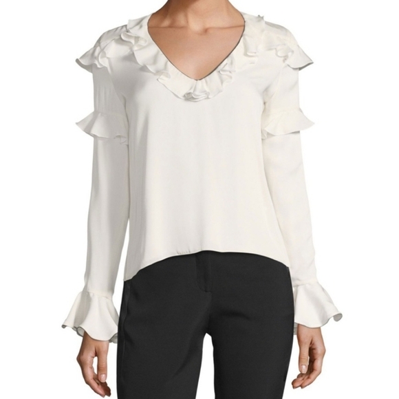 Alexis 100% Silk Cream Ruffle V-Neck Women's Long Sleeve Libbie Blouse Top Small - Picture 1 of 11